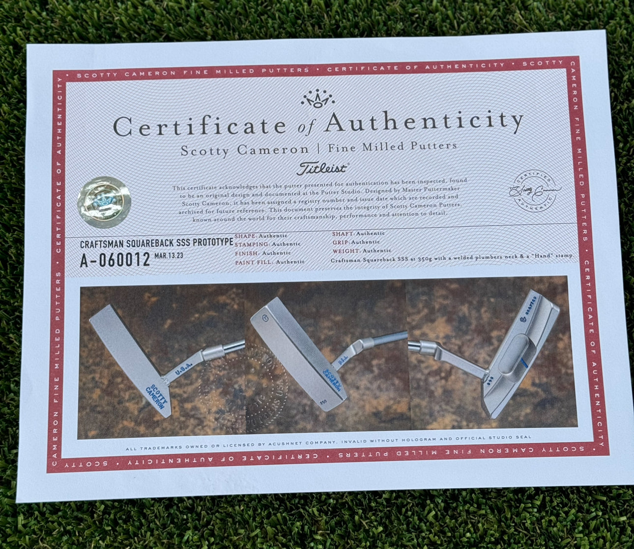 Scotty Cameron SSS素材 Del Mar正規品証明書COAあり Scotty Cameron Craftsman Squareback Prototype SSS 350G Circle T